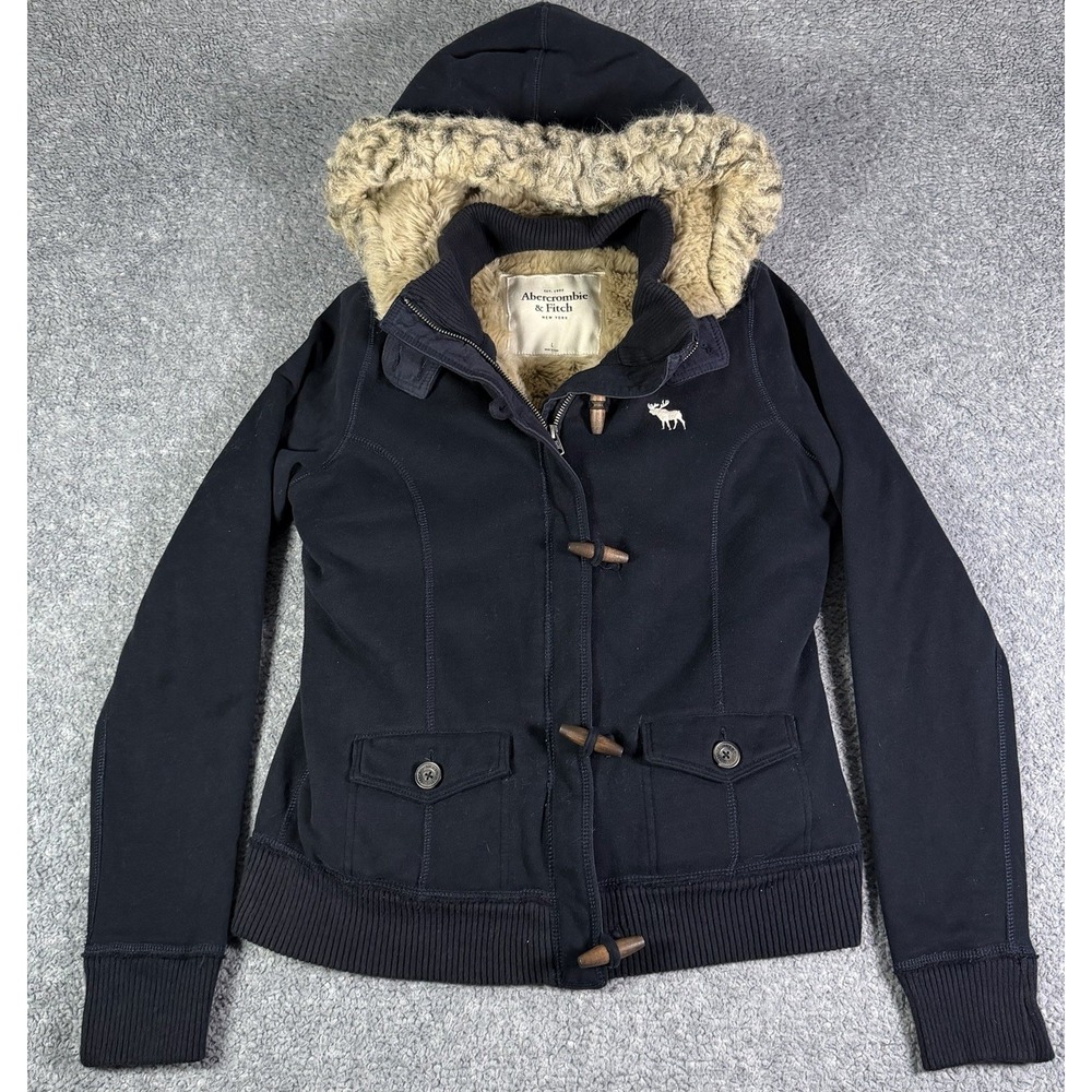 Abercrombie & Fitch Toggle Jacket Womens Large Navy Sherpa Lined Faux Fur Trim